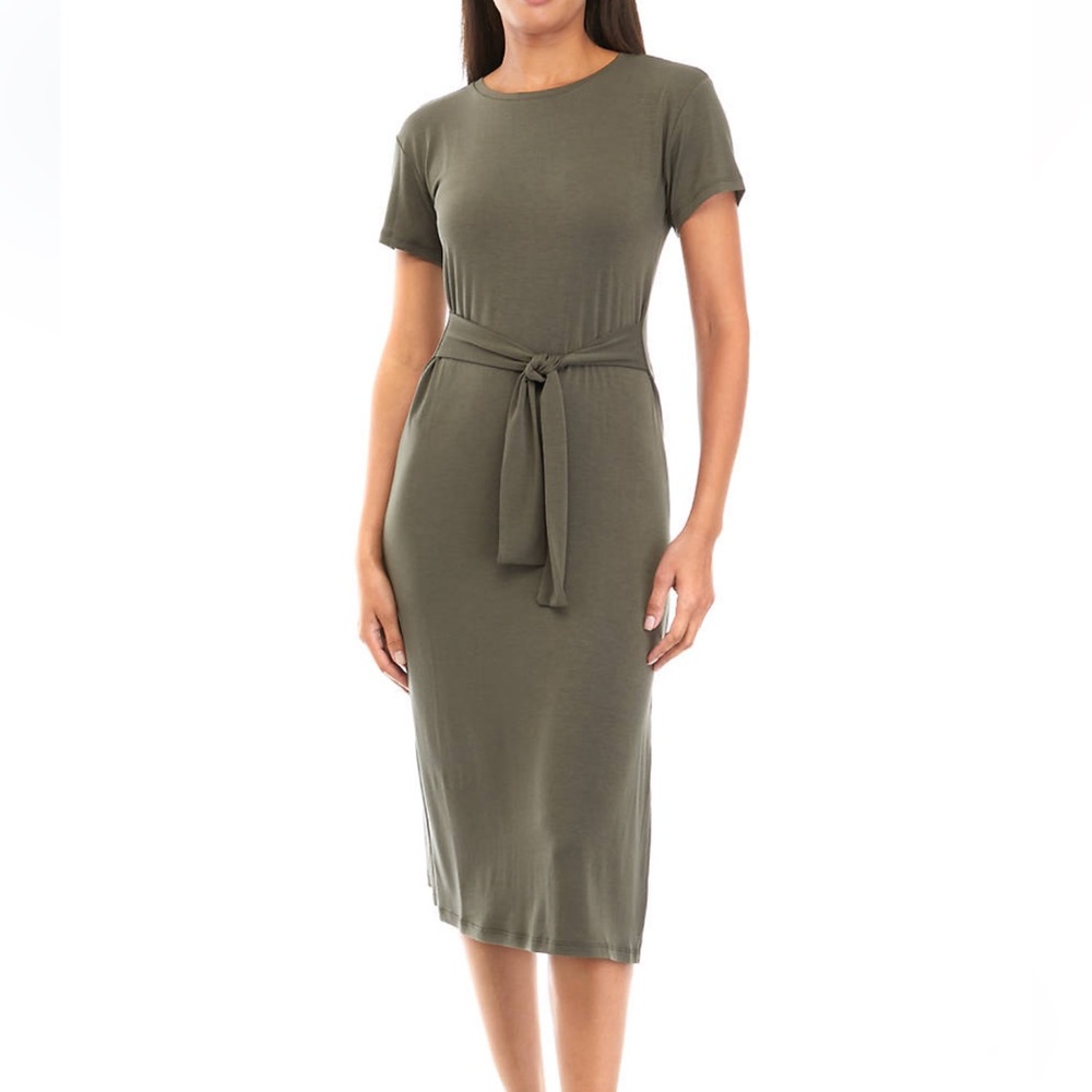 CATHERINE MALANDRINO Women's Tie Front Olive Green Midi Dress NWT